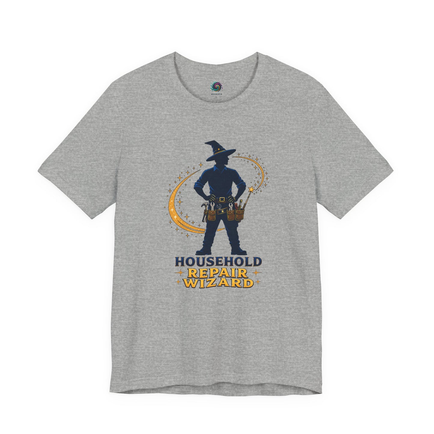 Athletic Heather Household Repair Wizard T-Shirt with fantasy-inspired home repair wizard artwork for dads and DIY fans