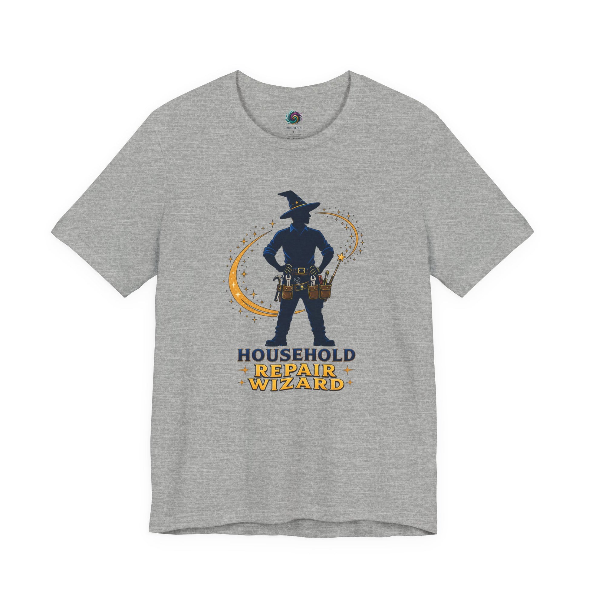Athletic Heather Household Repair Wizard T-Shirt with fantasy-inspired home repair wizard artwork for dads and DIY fans