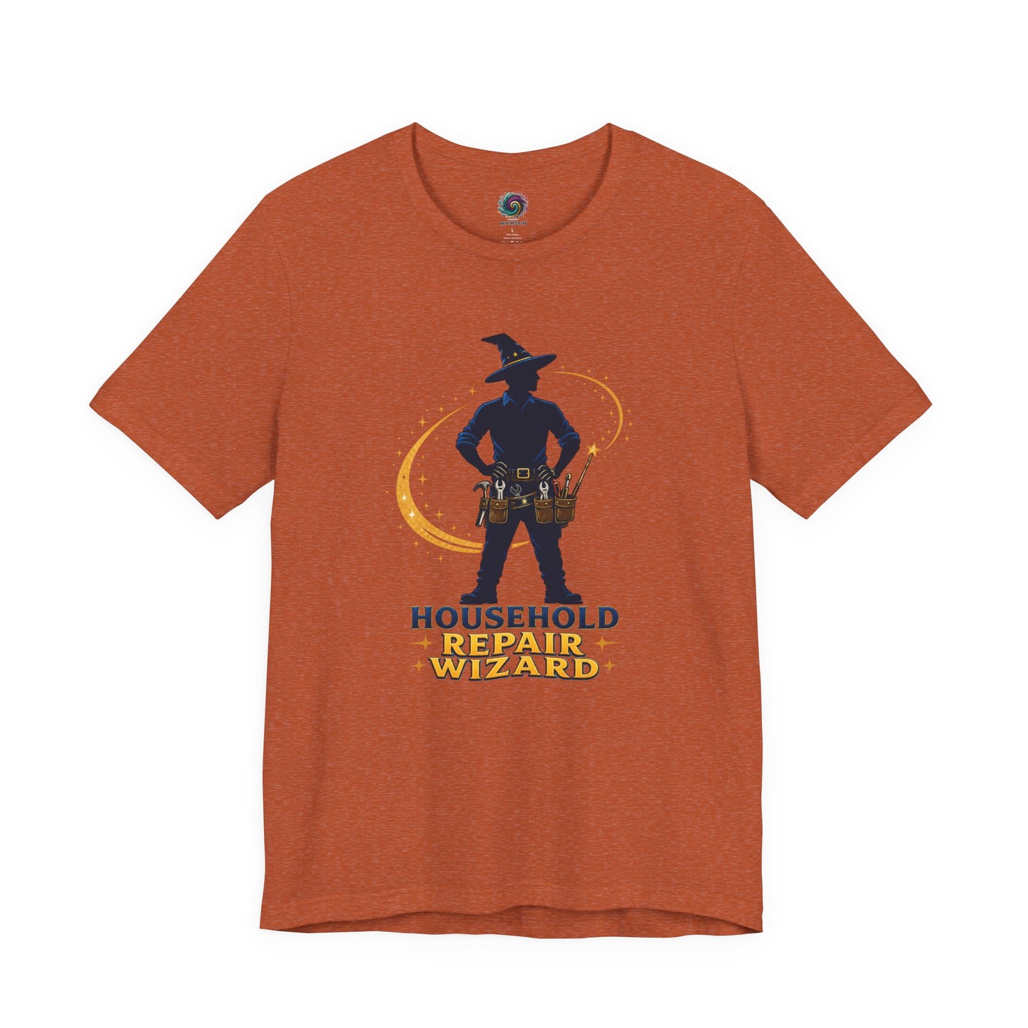 Heather Autumn Household Repair Wizard T-Shirt with funny fantasy handyman illustration and magical repair theme