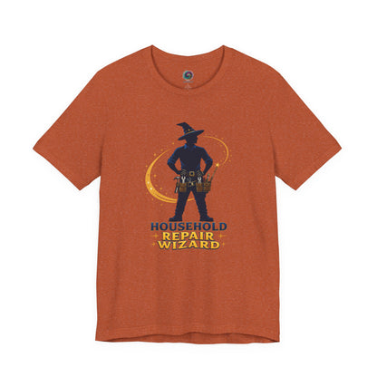 Heather Autumn Household Repair Wizard T-Shirt with funny fantasy handyman illustration and magical repair theme