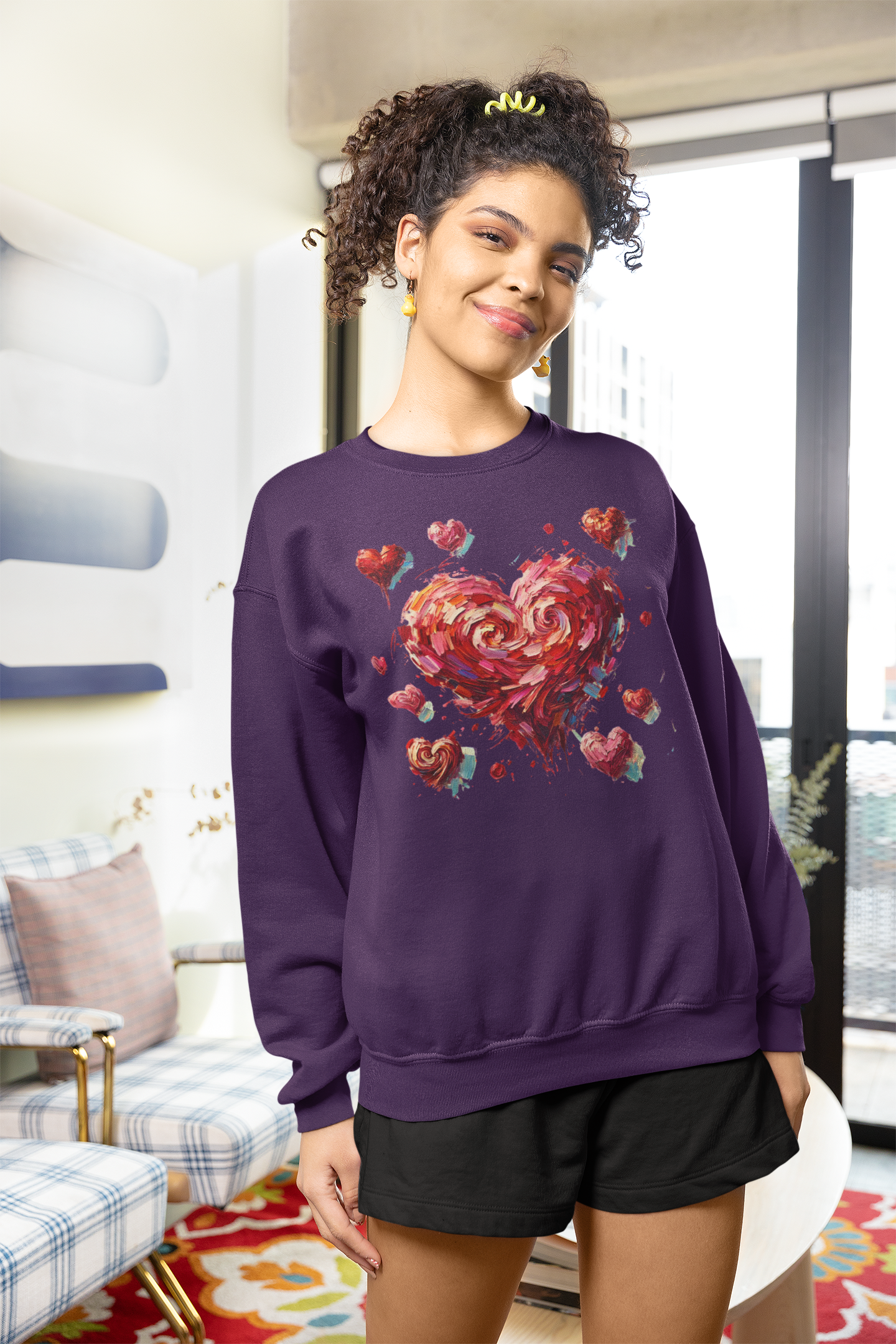 Casual outfit featuring the Impressionistic Heart Sweatshirt – Valentine's Day design in cozy setting