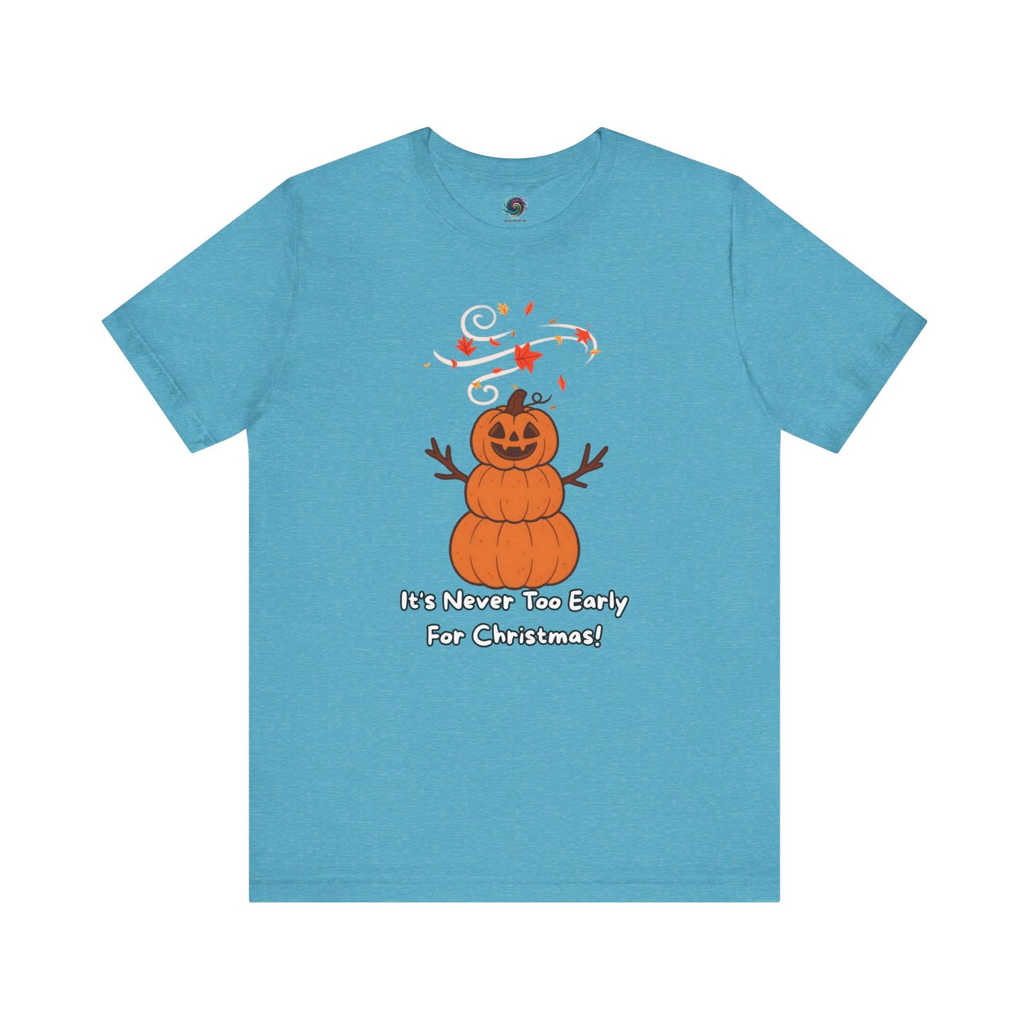 Pumpkin Snowman T-Shirt – It’s Never Too Early for Christmas shown in heather aqua, quirky pumpkin Christmas design with fall leaves.