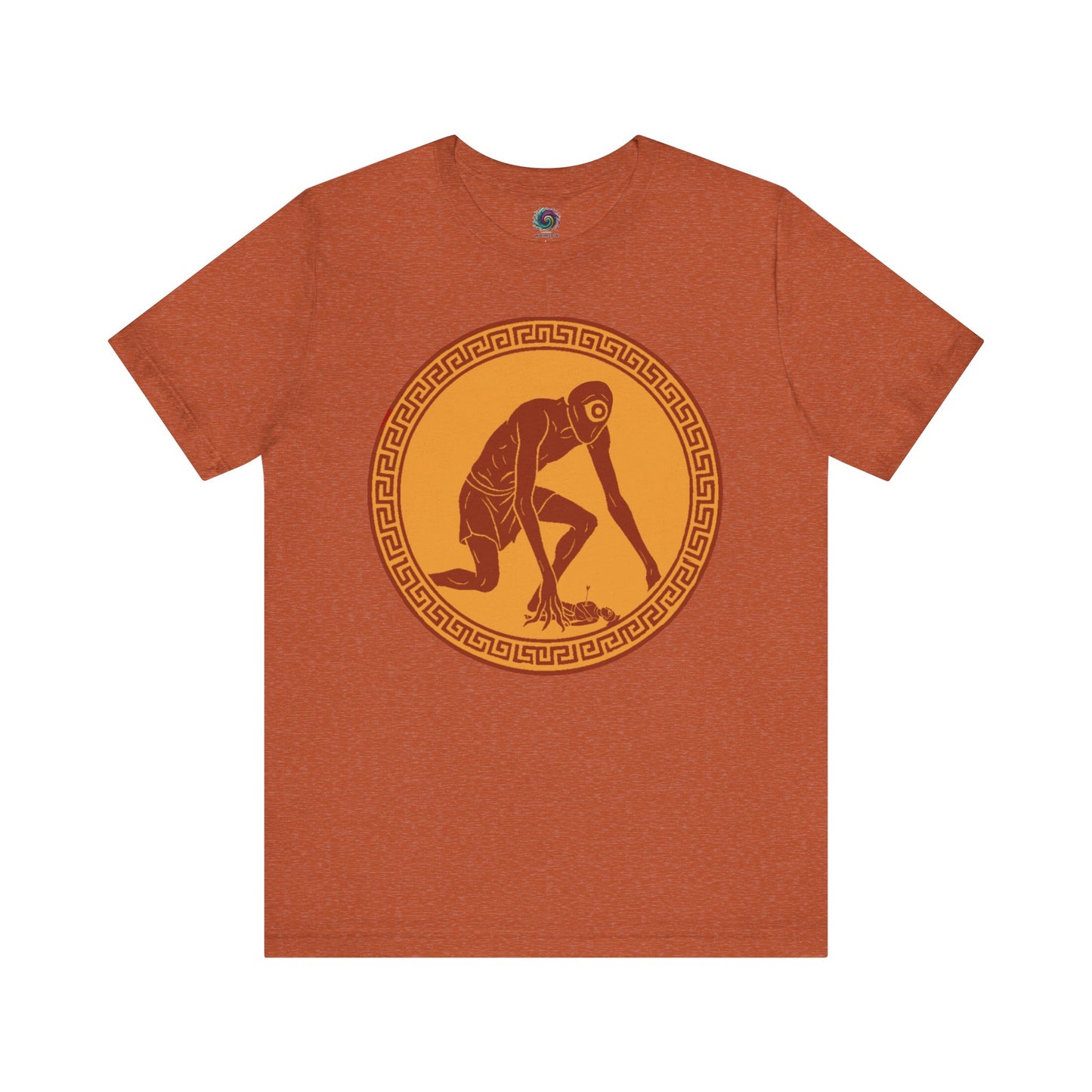 Heather Autumn t-shirt with a central red and gold circular design featuring a stylized image of Polyphemus, Cyclops from The Odyssey 