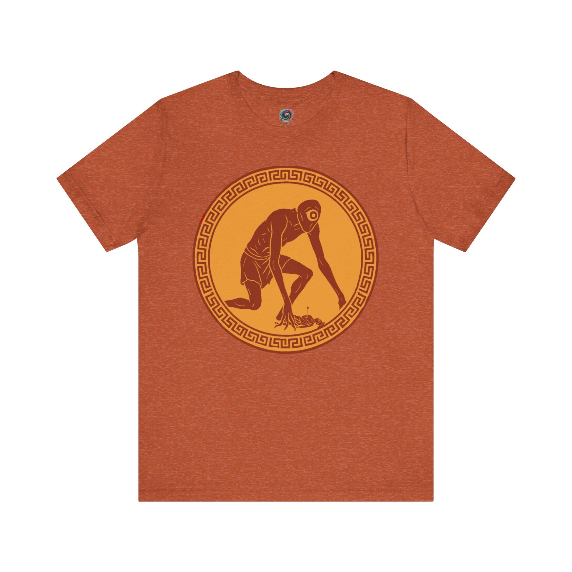 Heather Autumn t-shirt with a central red and gold circular design featuring a stylized image of Polyphemus, Cyclops from The Odyssey 