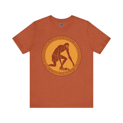 Heather Autumn t-shirt with a central red and gold circular design featuring a stylized image of Polyphemus, Cyclops from The Odyssey 