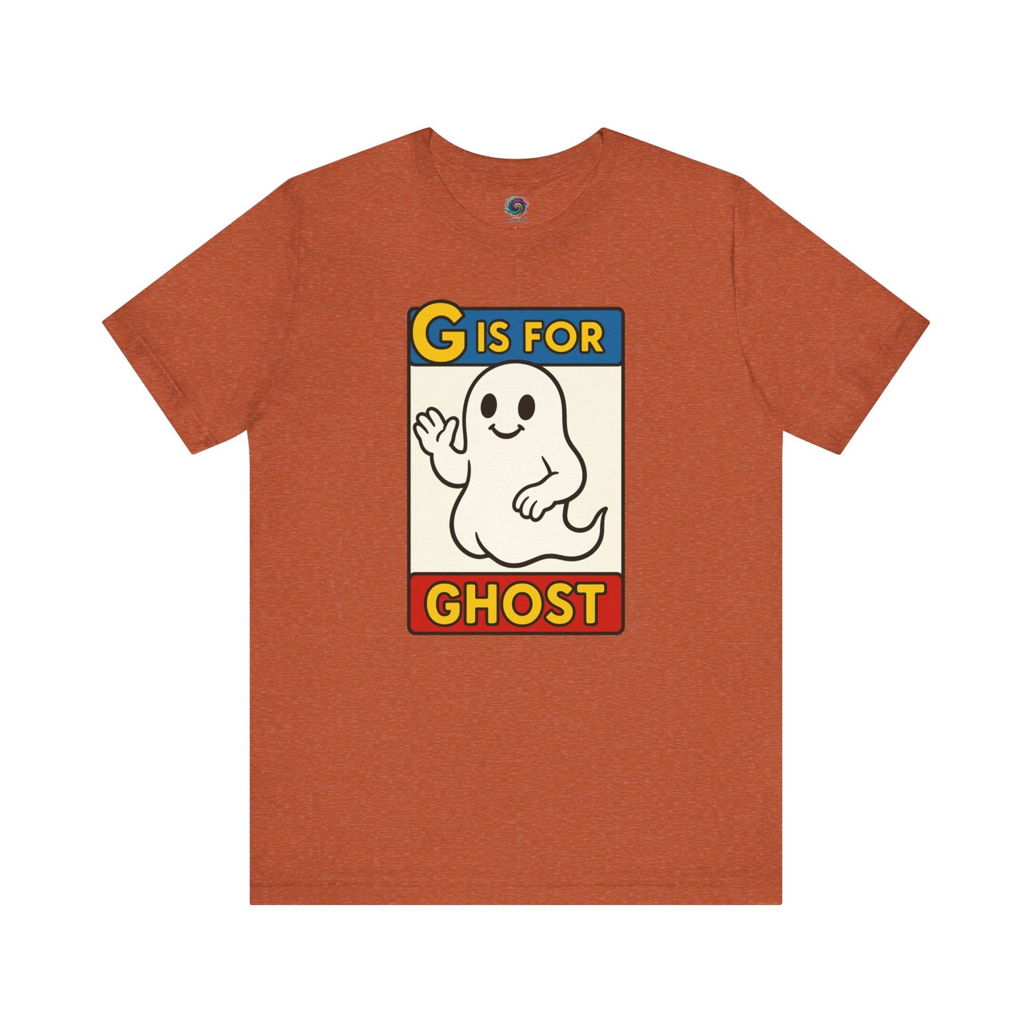 G is for Ghost T-Shirt – Funny Monster Alphabet Halloween Tee in heather autumn, ghost alphabet shirt with fun monster alphabet ghost.