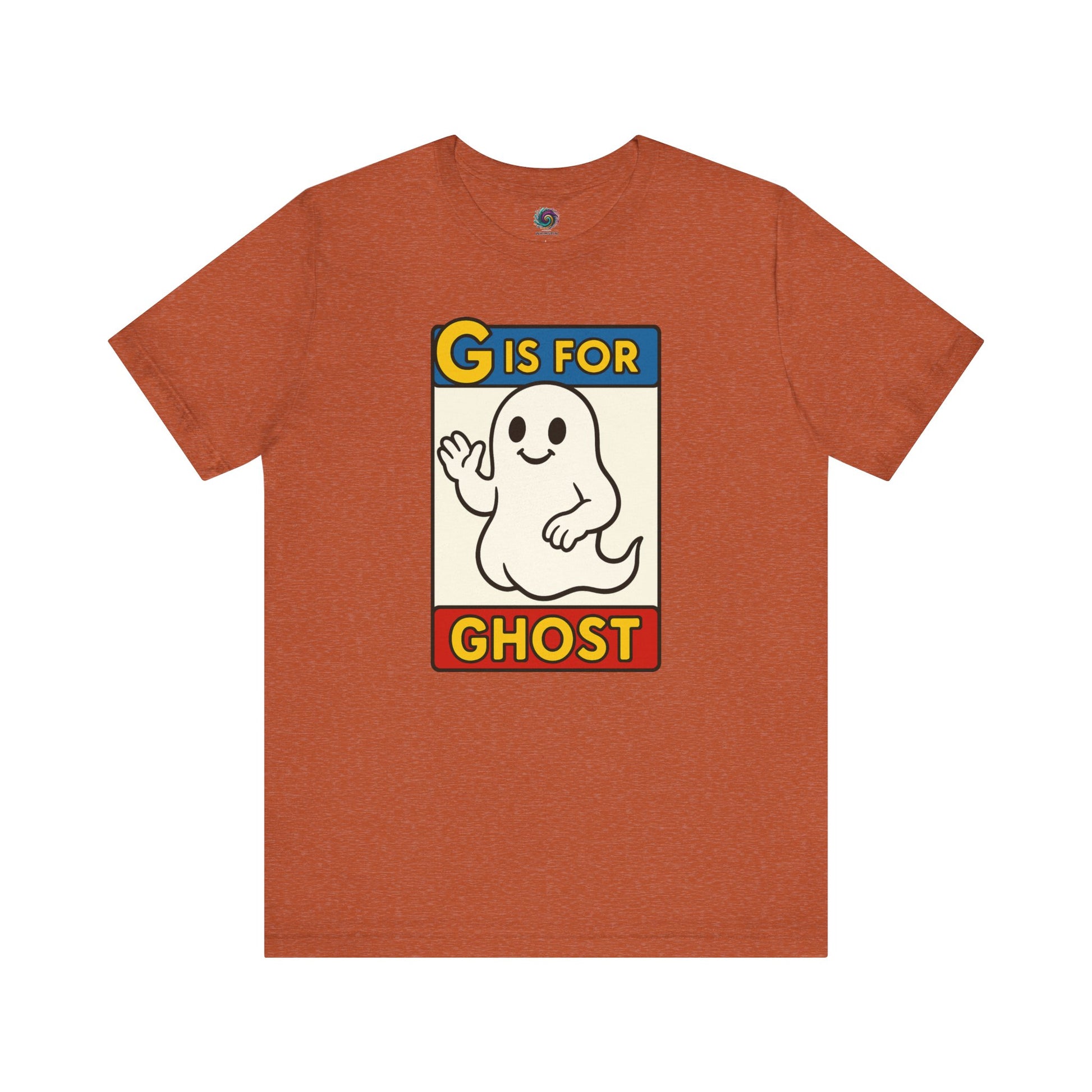 G is for Ghost T-Shirt – Funny Monster Alphabet Halloween Tee in heather autumn, ghost alphabet shirt with fun monster alphabet ghost.