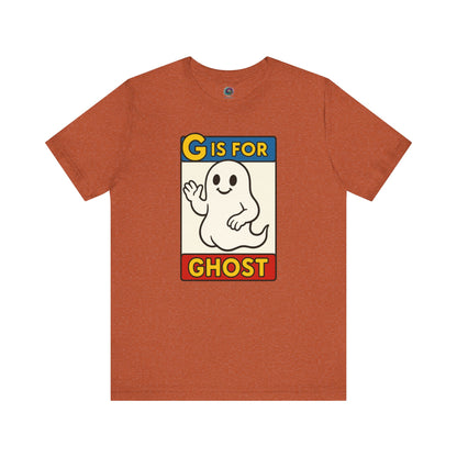 G is for Ghost T-Shirt – Funny Monster Alphabet Halloween Tee in heather autumn, ghost alphabet shirt with fun monster alphabet ghost.