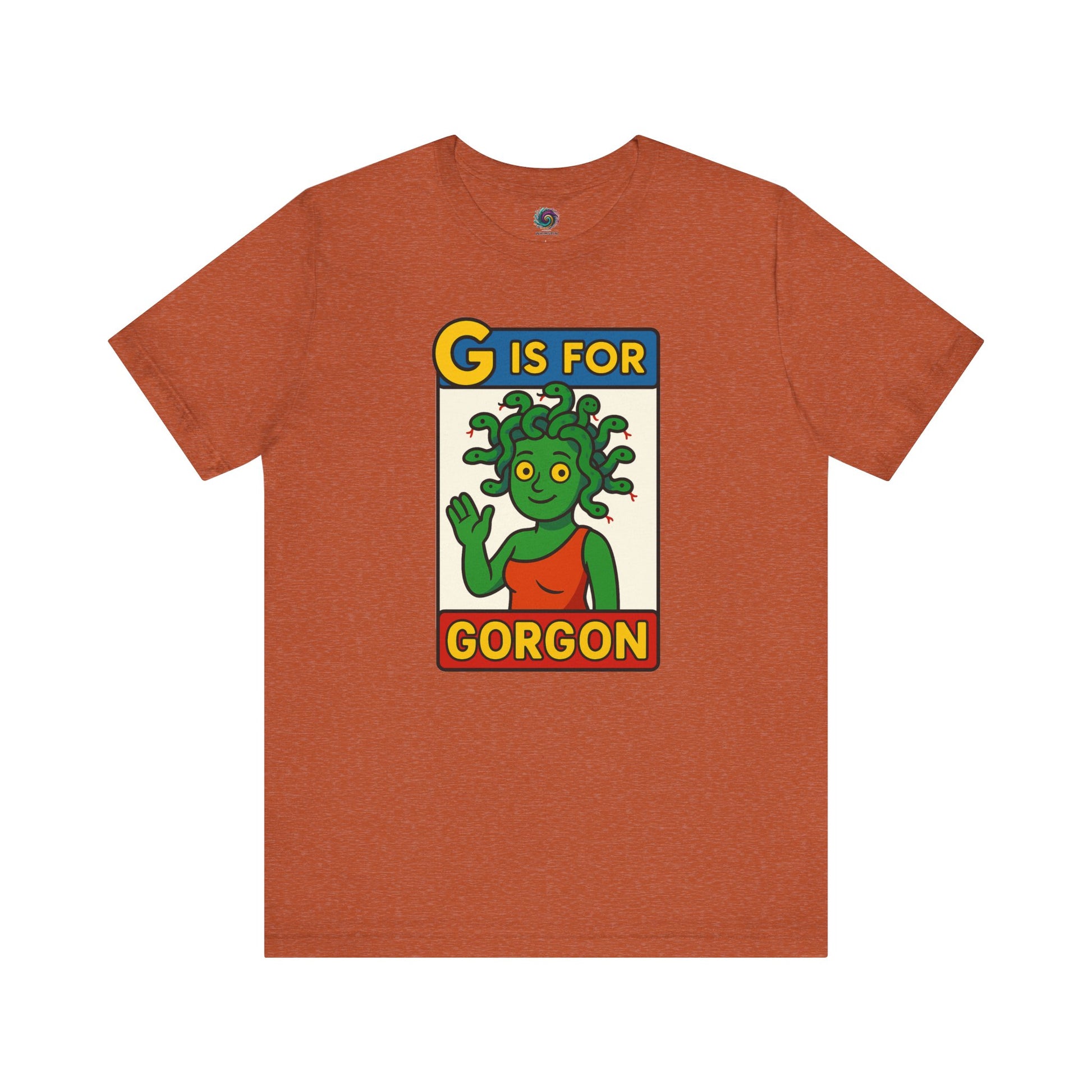 Heather autumn G is for Gorgon shirt, seasonal halloween gorgon tee with cartoon gorgon design.