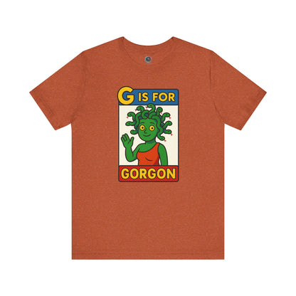 Heather autumn G is for Gorgon shirt, seasonal halloween gorgon tee with cartoon gorgon design.