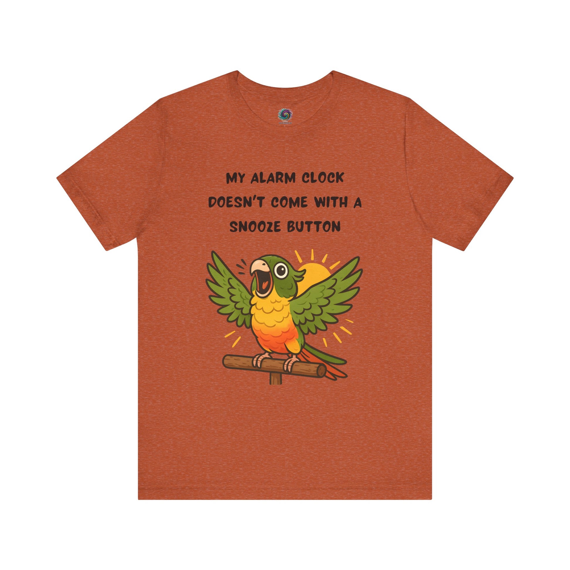 Parrot Alarm Clock T-Shirt – Funny Parrot Wake-Up Call Tee in Heather Autumn, showing the animated parrot illustration, bright accent lines, and playful early-morning wake-up message across the front.