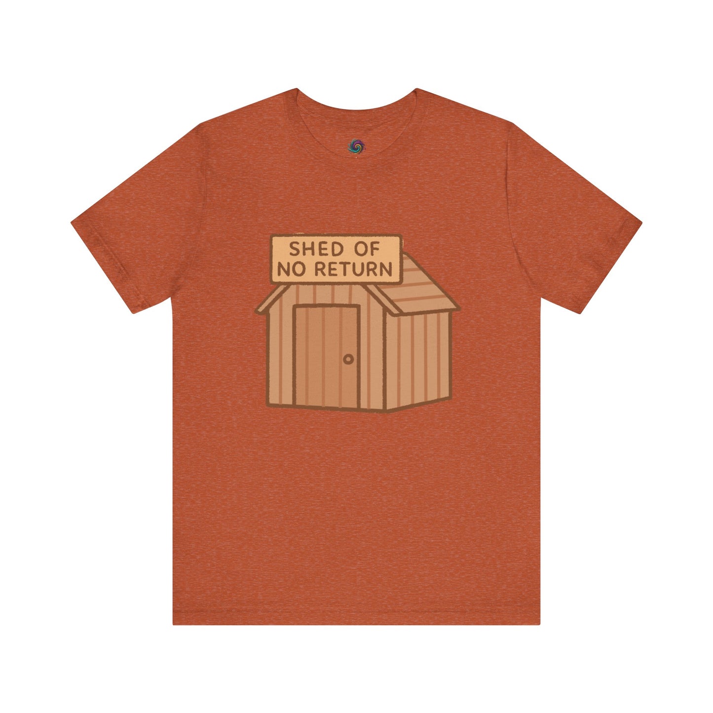 Heather Autumn Shed of No Returns T shirt from Whimspin lay-flat image on a white background