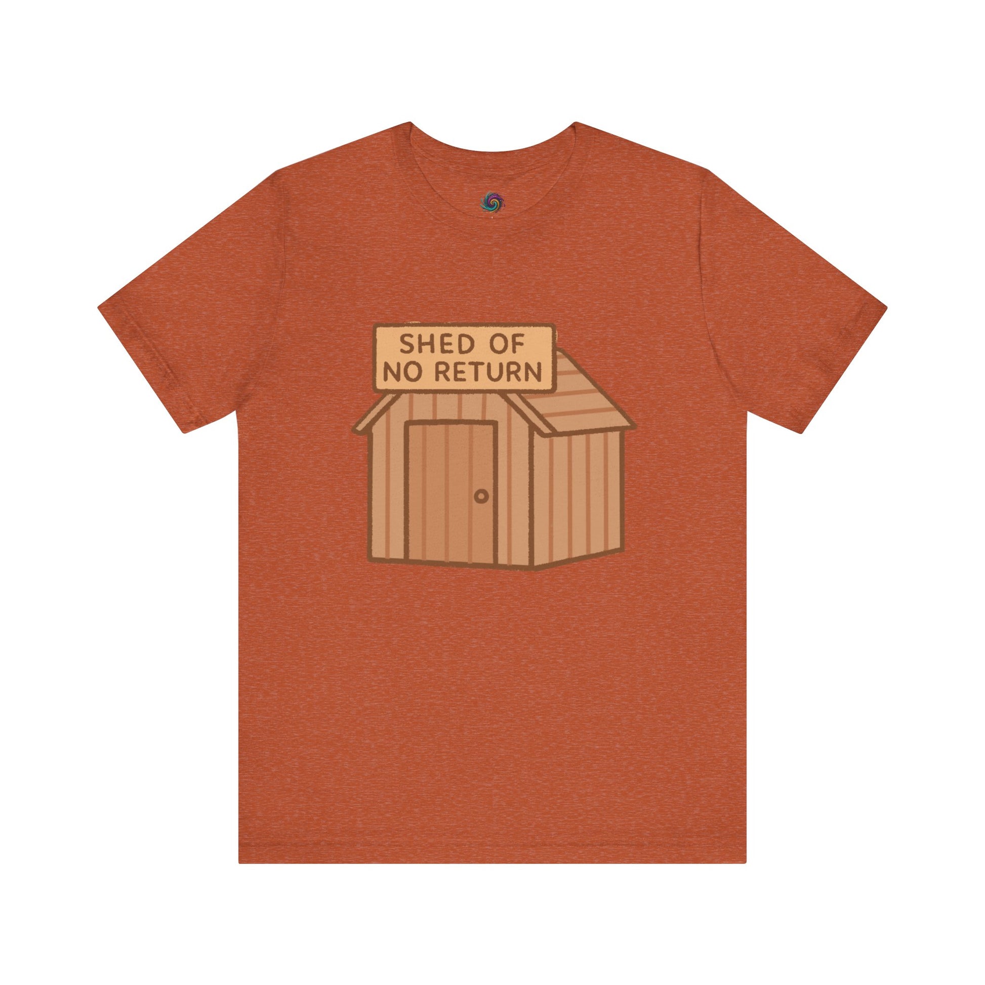 Heather Autumn Shed of No Returns T shirt from Whimspin lay-flat image on a white background