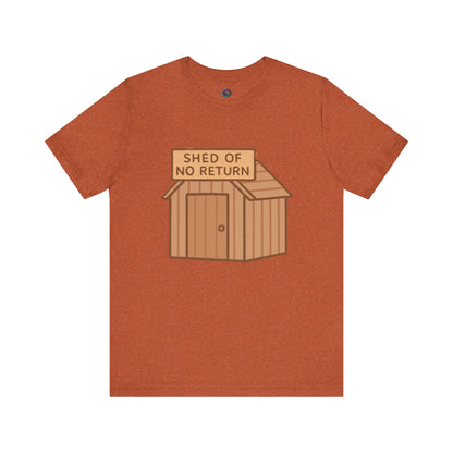 Heather Autumn Shed of No Returns T shirt from Whimspin lay-flat image on a white background