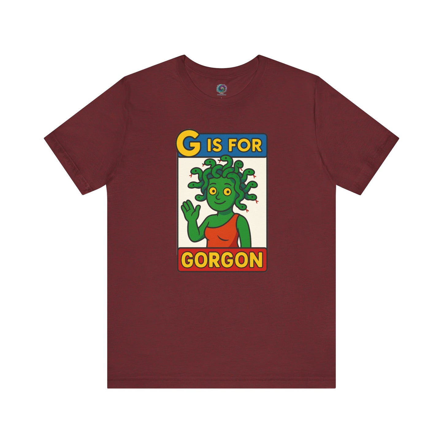 Heather cardinal G is for Gorgon tshirt, monster alphabet design with cheerful gorgon head graphic for Halloween.