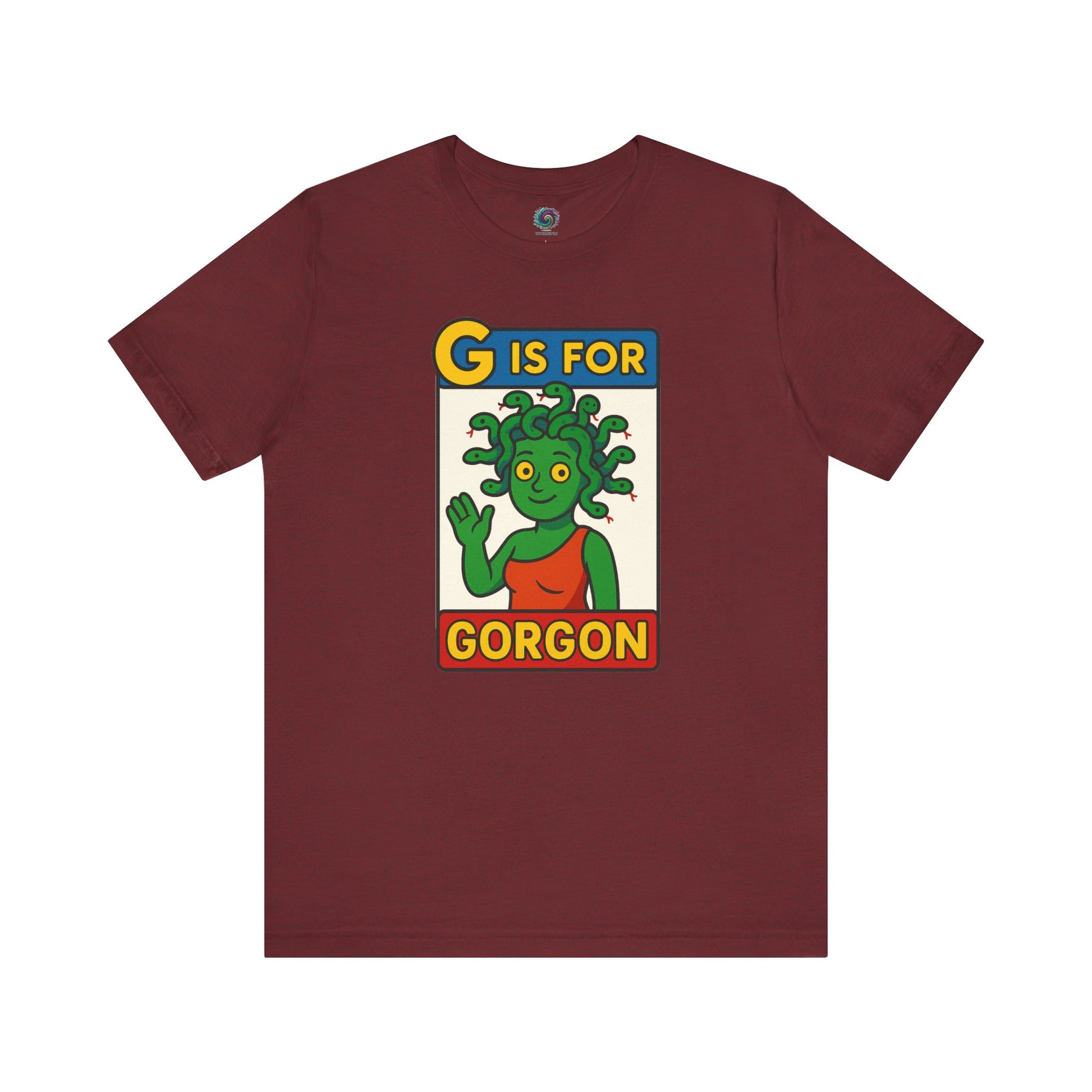 Heather cardinal G is for Gorgon tshirt, monster alphabet design with cheerful gorgon head graphic for Halloween.