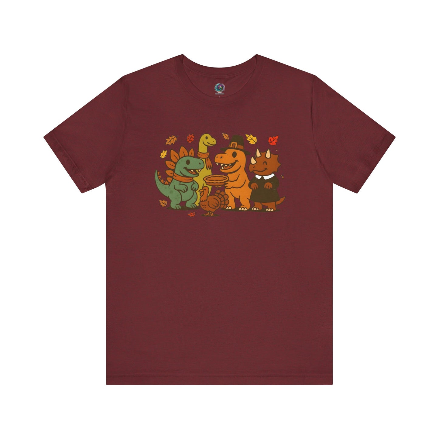 Thanksgiving Dinosaur T-Shirt – Funny Dino Thanksgiving Tee in deep heather cardinal red, showing whimsical dinosaurs celebrating Thanksgiving together.