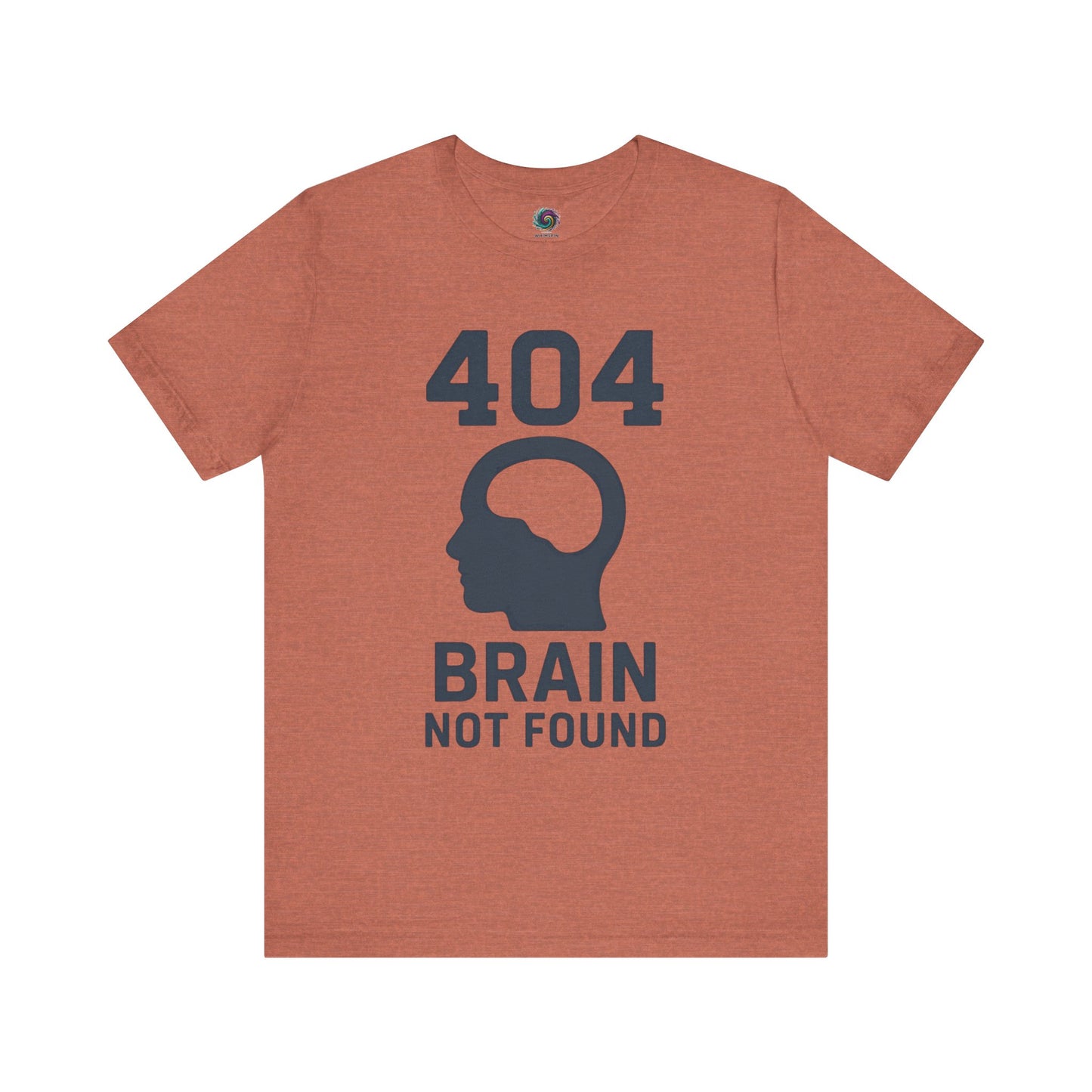 Heather Clay "404 Brain Not Found T-Shirt" from WhimSpin. The tshirt graphic is a profile image of a human head with an empty hole where the brain should be and the text "404 Brain Not Found."