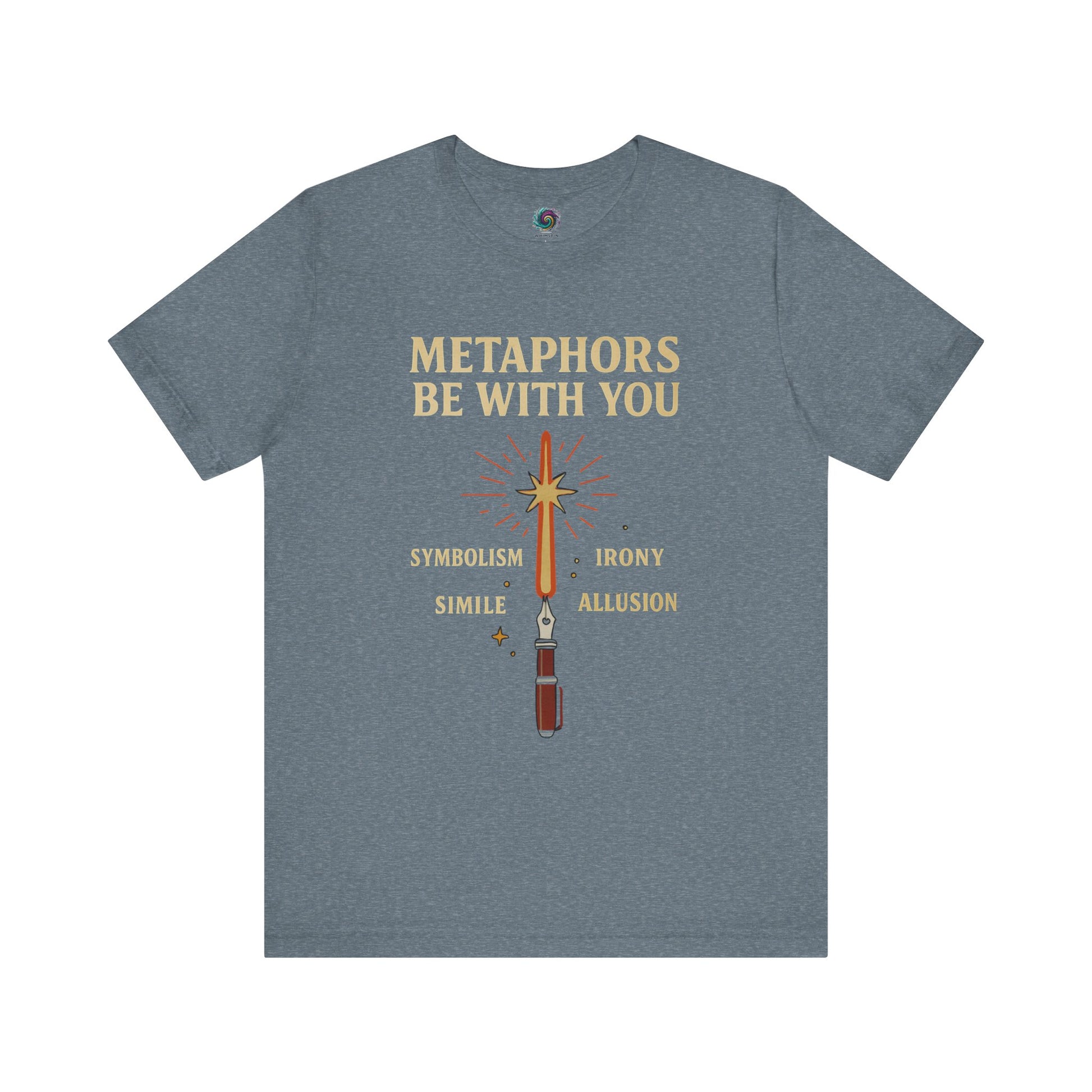 Metaphors Be With You T-Shirt – Inspired by Sci-Fi & Lit Class Heroes Heather Deep Teal t-shirt with 'Metaphors Be With You' text and sword graphic on a white background from WhimSpin