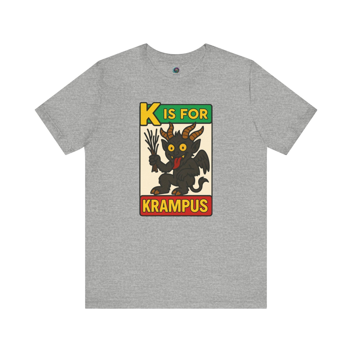 K is for Krampus Alphabet Holiday Graphic T-Shirt in Athletic Heather flat lay with cartoon Krampus and colorful lettering