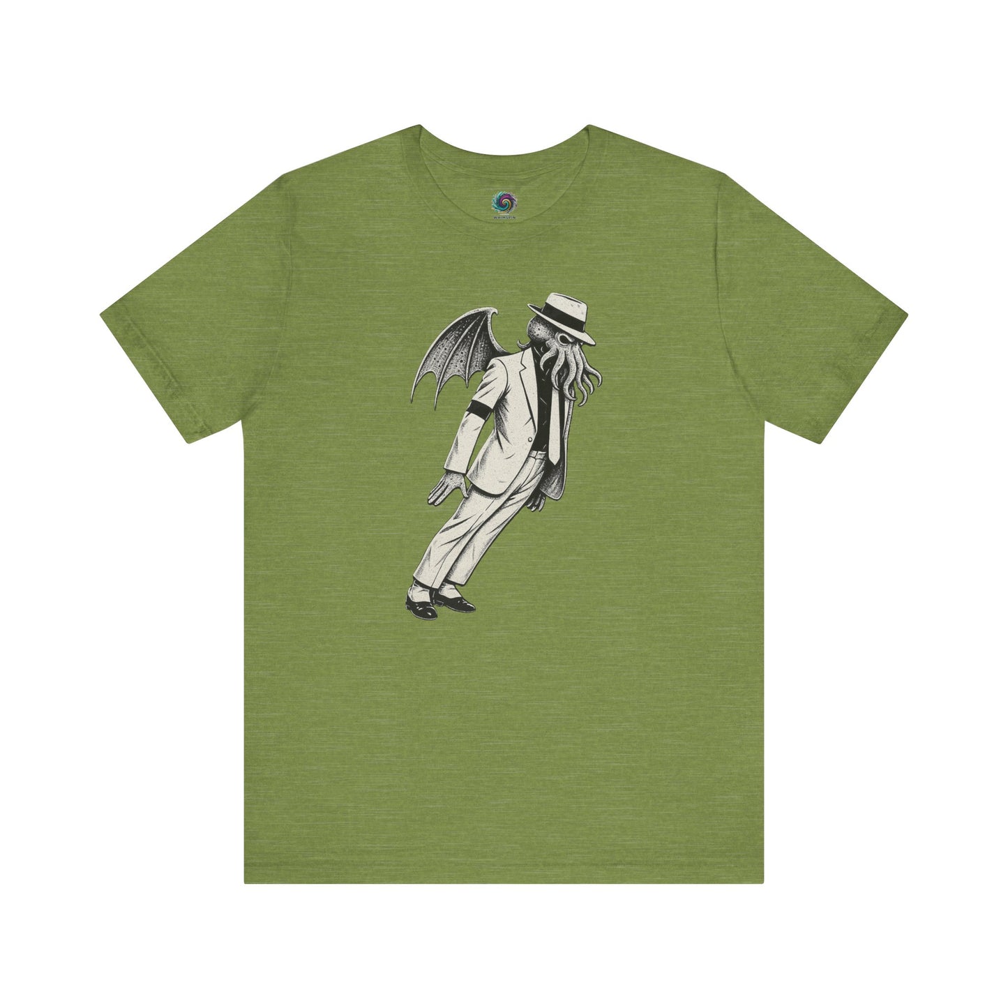 Smooth Cthulhu Unisex T-Shirt – Lovecraft Meets Smooth Criminal Style in heather green, flat lay Cthulhu Michael Jackson design.