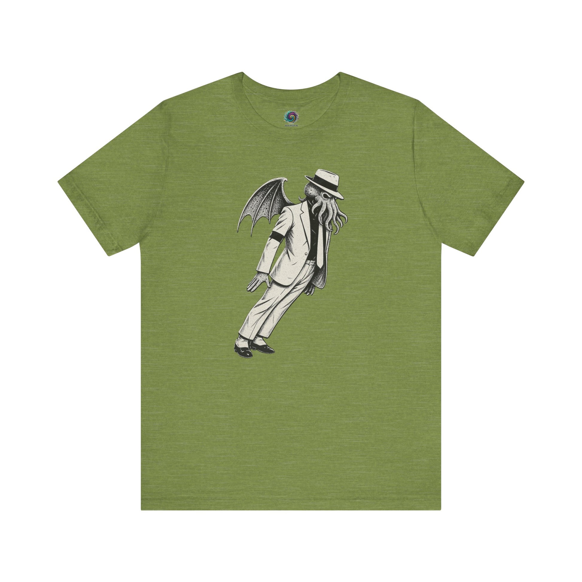 Smooth Cthulhu Unisex T-Shirt – Lovecraft Meets Smooth Criminal Style in heather green, flat lay Cthulhu Michael Jackson design.