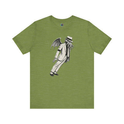 Smooth Cthulhu Unisex T-Shirt – Lovecraft Meets Smooth Criminal Style in heather green, flat lay Cthulhu Michael Jackson design.
