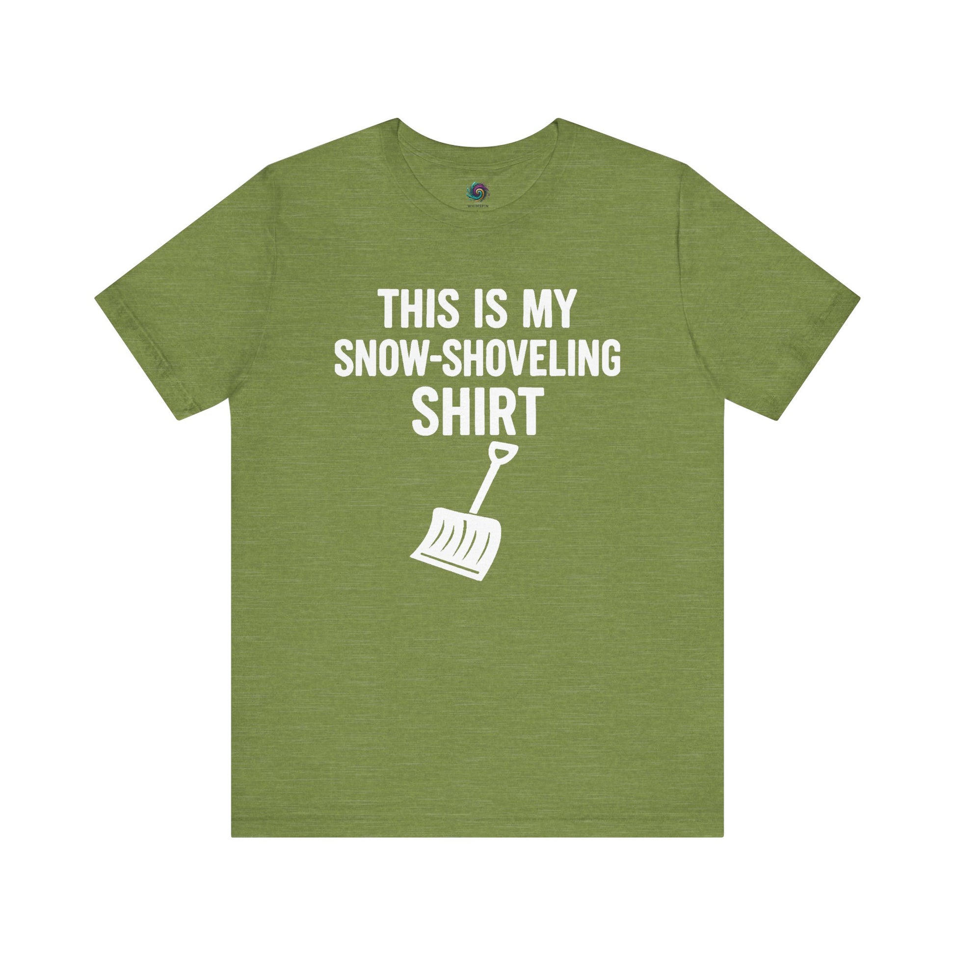 This Is My Snow Shoveling Shirt – Funny Winter Chore Tee in Heather Green, highlighting the bold winter chore message and shovel illustration.