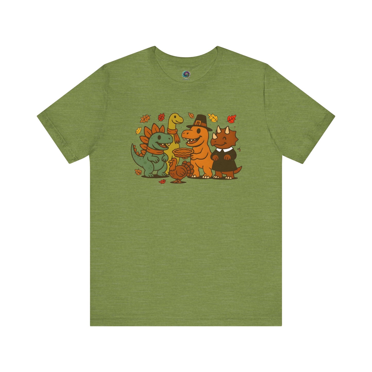 Thanksgiving Dinosaur T-Shirt – Funny Dino Thanksgiving Tee in heather green, with bright fall leaves and dinosaurs enjoying a Thanksgiving feast.