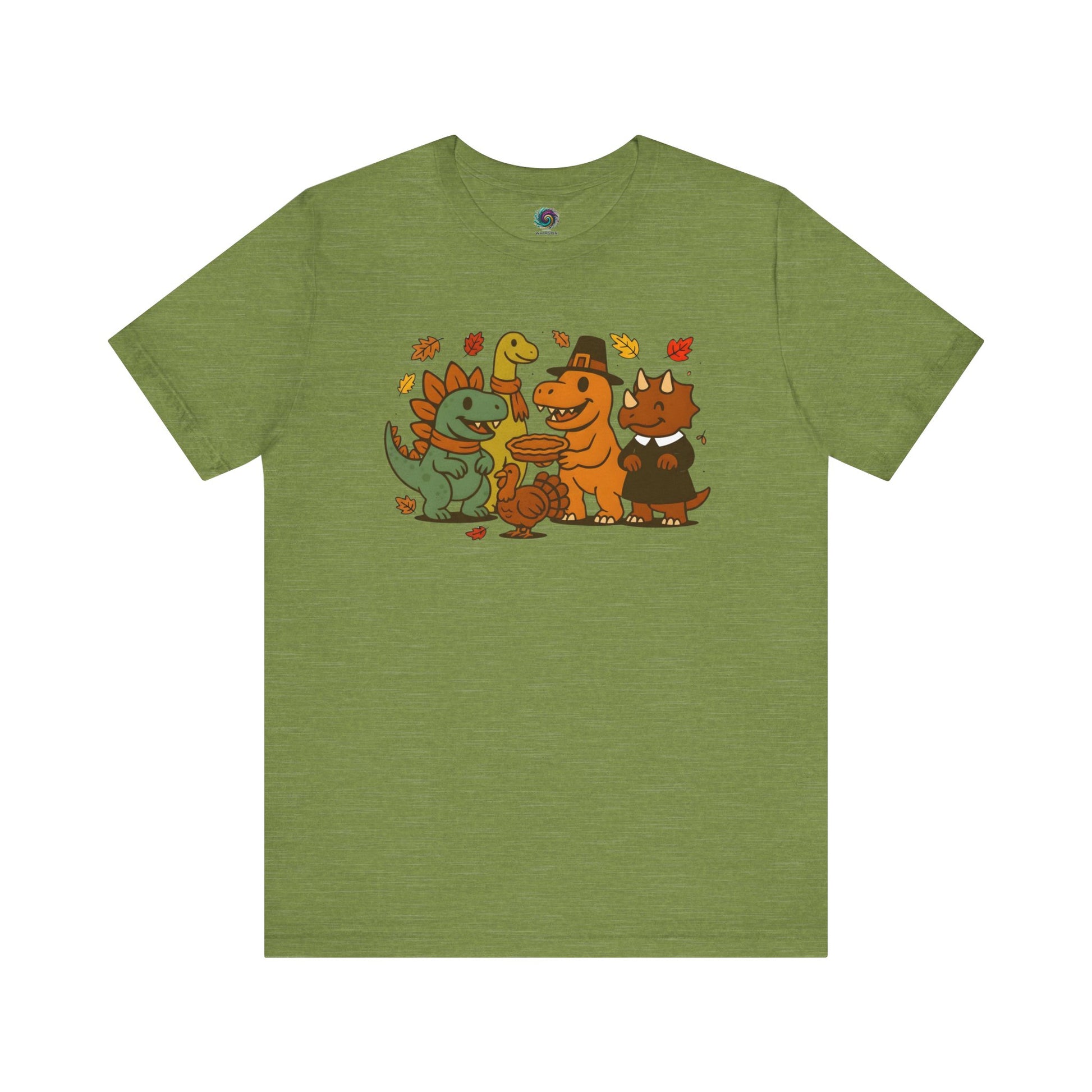 Thanksgiving Dinosaur T-Shirt – Funny Dino Thanksgiving Tee in heather green, with bright fall leaves and dinosaurs enjoying a Thanksgiving feast.