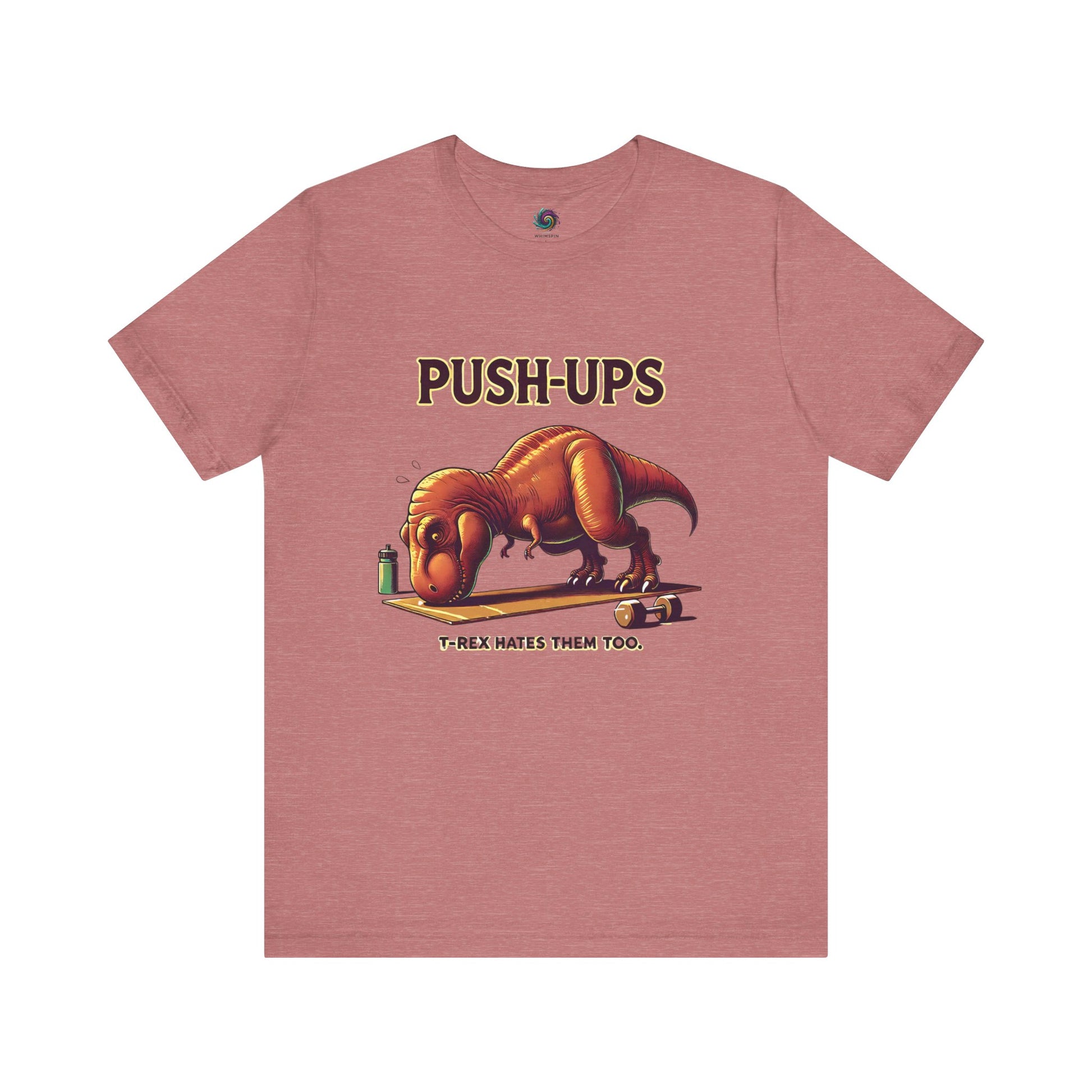 T-Rex Push-Up T-Shirt – Funny Dinosaur Workout Graphic Tee in heather mauve, ideal for those who love funny t rex workout humor.