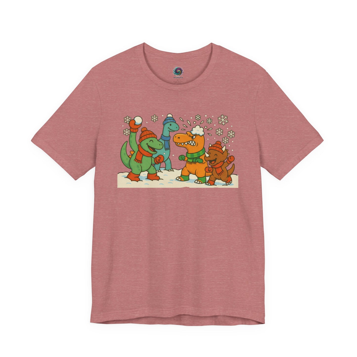 the Dinosaur Snowball Fight T-Shirt – Funny Winter Dino Graphic Tee in Heather Mauve, featuring a soft background for the winter dinosaur scene.