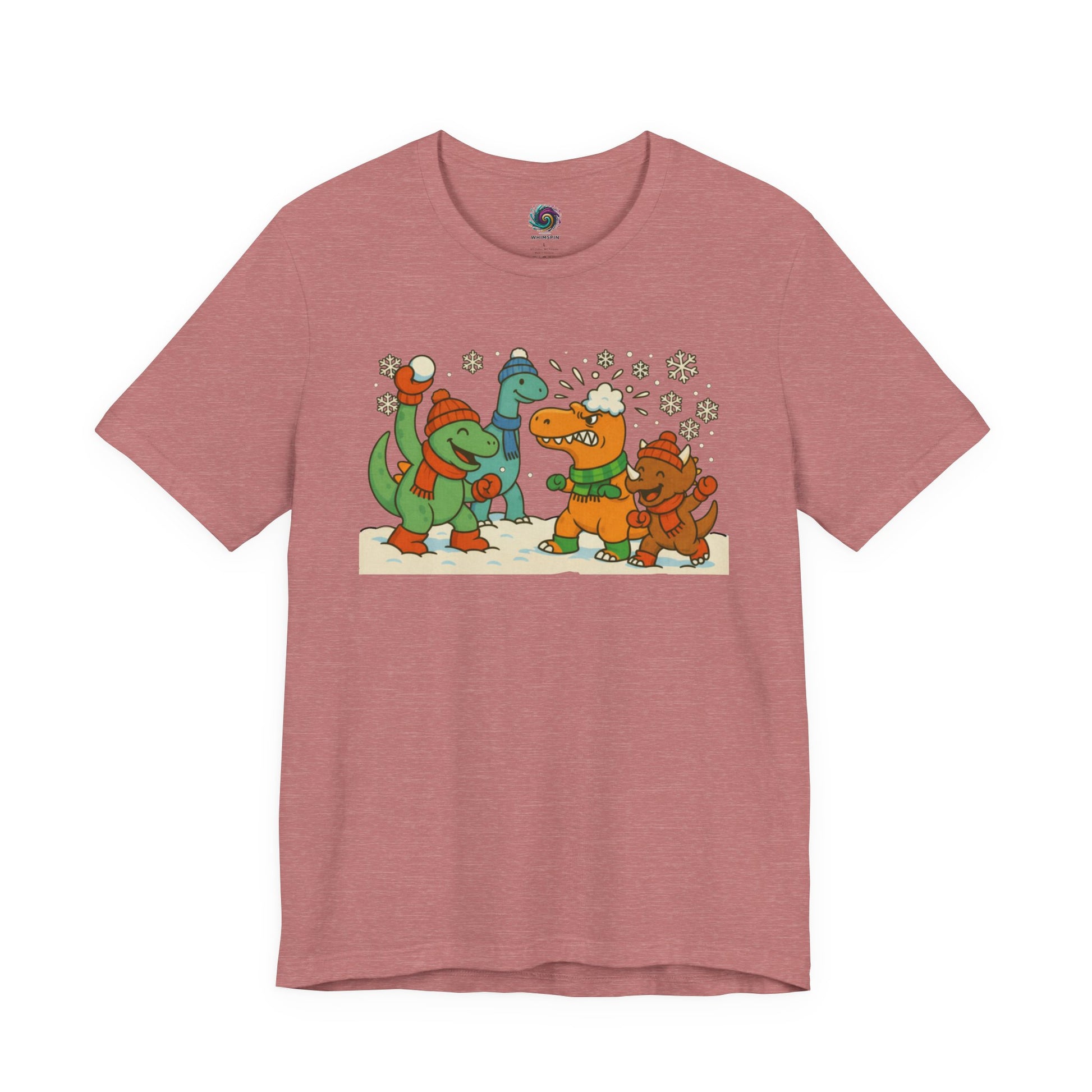 the Dinosaur Snowball Fight T-Shirt – Funny Winter Dino Graphic Tee in Heather Mauve, featuring a soft background for the winter dinosaur scene.