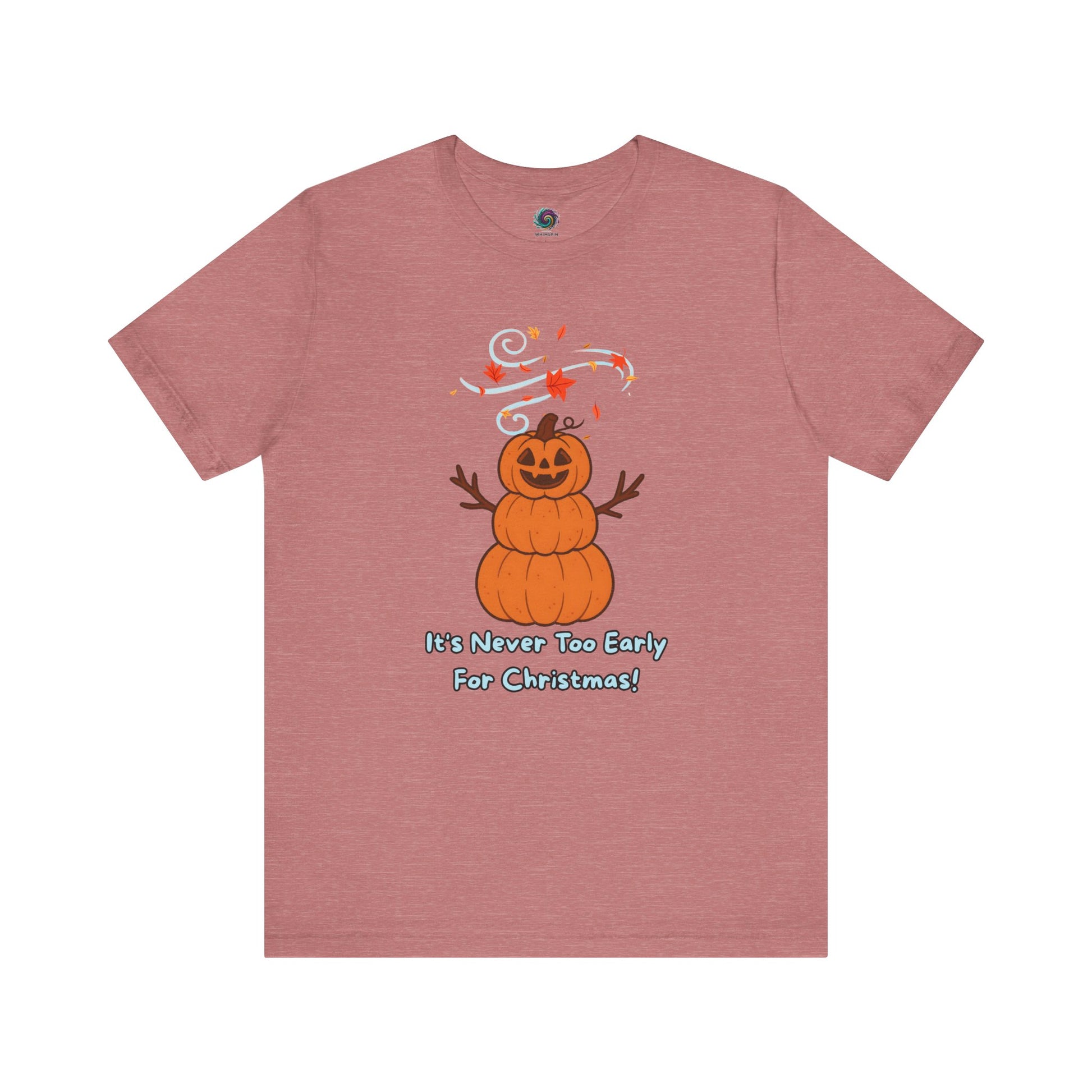Pumpkin Snowman T-Shirt – It’s Never Too Early for Christmas in heather mauve, fun pumpkin Christmas tee blending Halloween and holiday spirit.