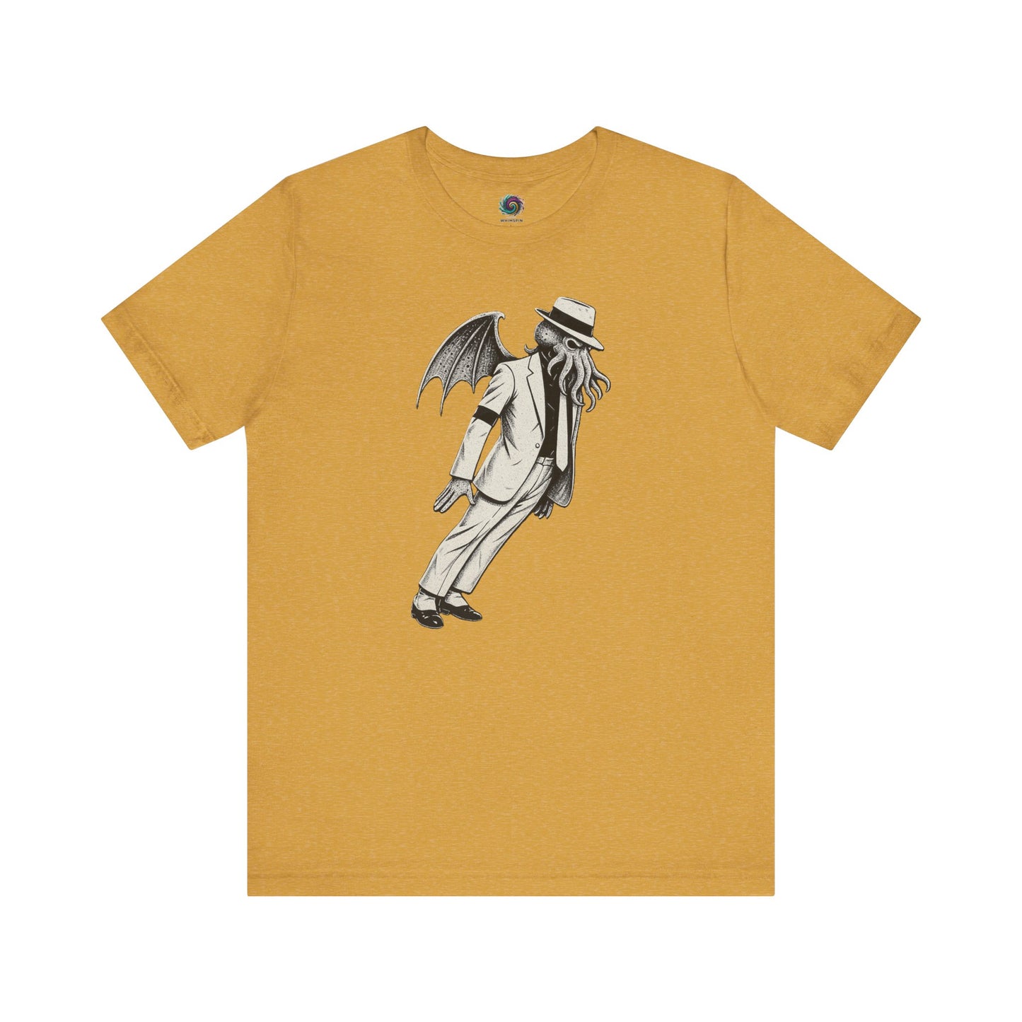 Smooth Cthulhu Unisex T-Shirt – Lovecraft Meets Smooth Criminal Style in heather mustard, flat lay cosmic horror meets King of Pop mashup.
