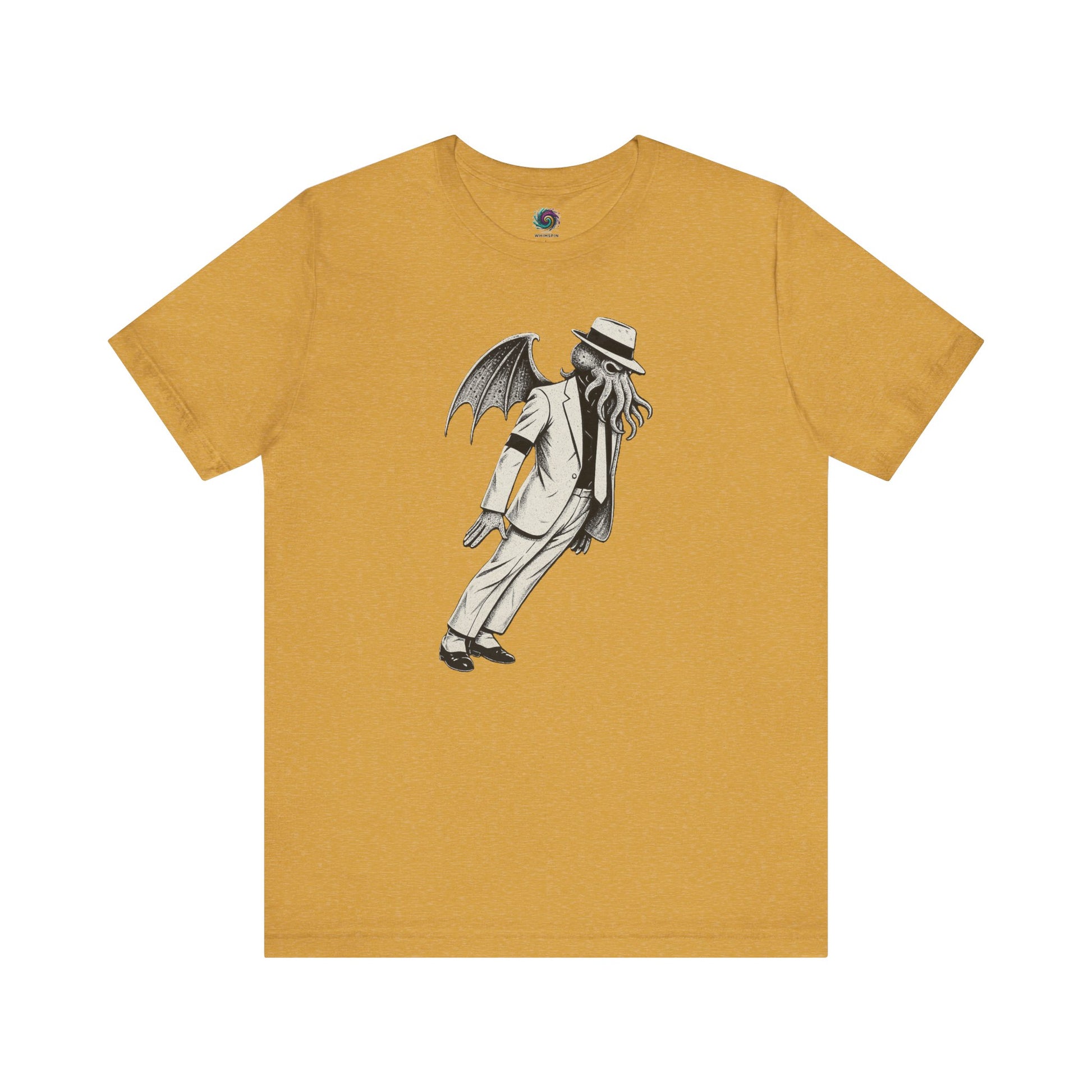 Smooth Cthulhu Unisex T-Shirt – Lovecraft Meets Smooth Criminal Style in heather mustard, flat lay cosmic horror meets King of Pop mashup.