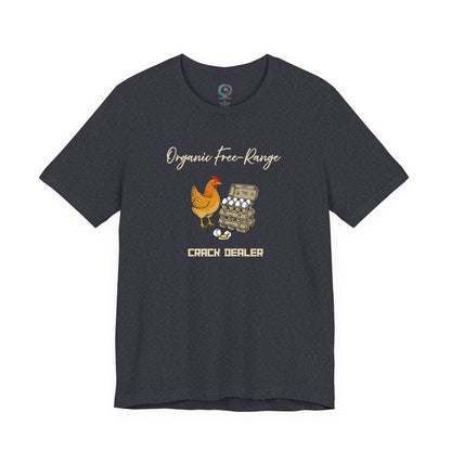 Funny Egg Dealer Chicken Shirt – Farm Humor for Chicken Moms in Heather Navy, showing the colorful chicken graphic and stacked egg cartons with a lighthearted farm joke.