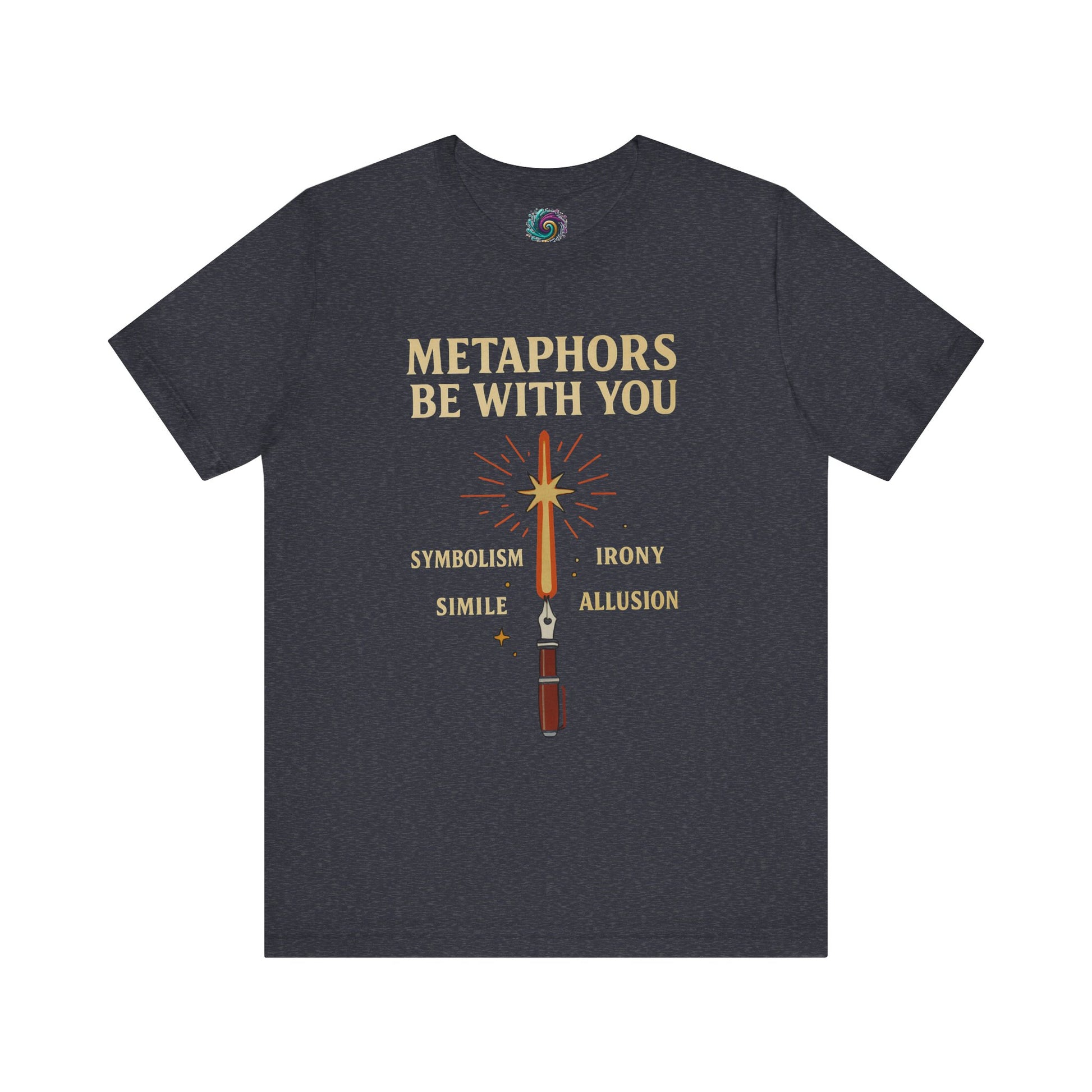 Heather Navy blue t-shirt with text and graphic design on a white background Metaphors Be With You T-Shirt from WhimSpin