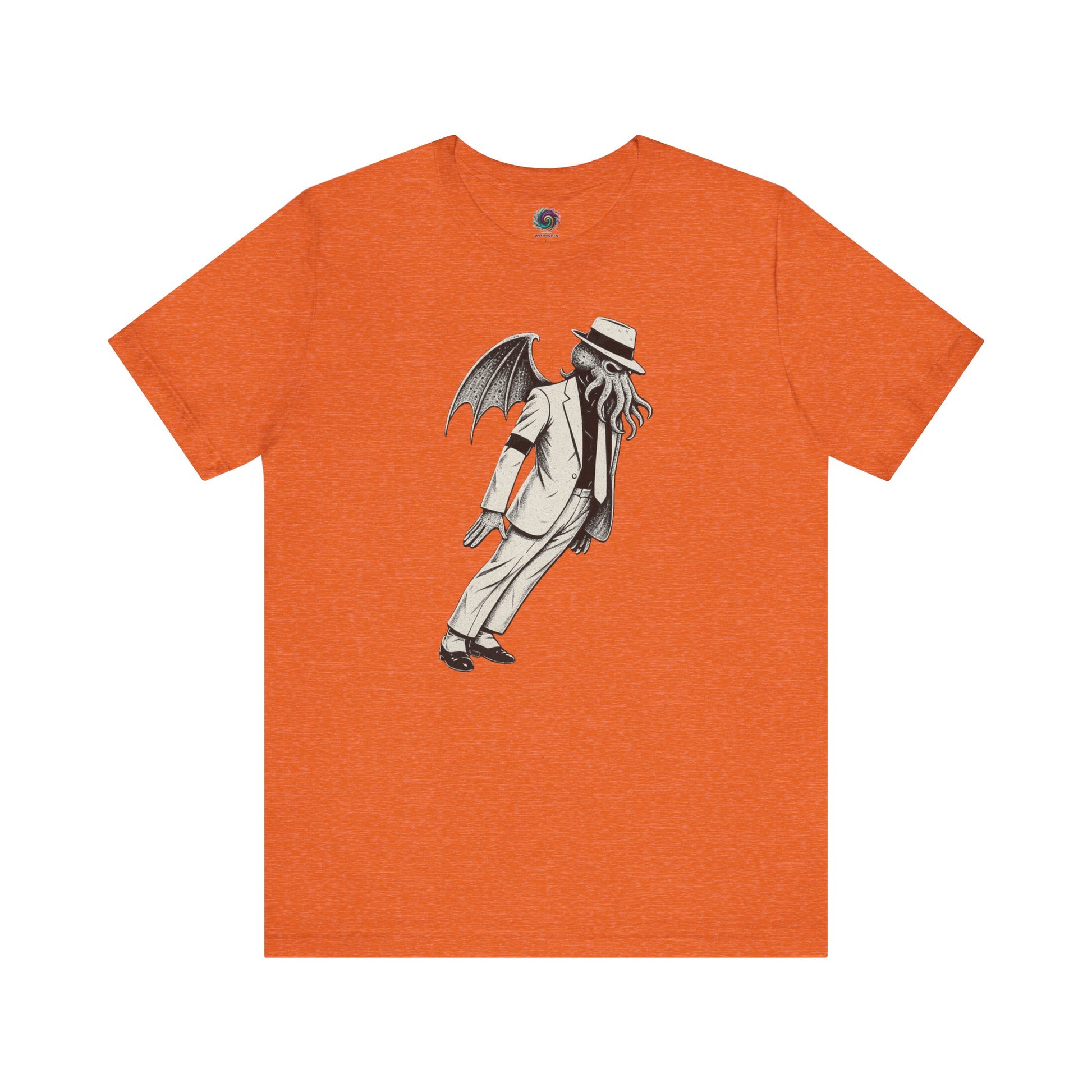 Smooth Cthulhu Unisex T-Shirt – Lovecraft Meets Smooth Criminal Style in heather orange, flat lay Cthulhu King of Pop parody design.