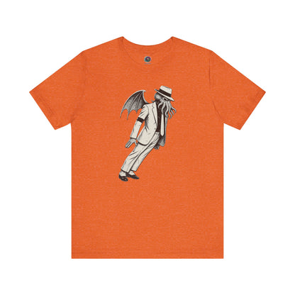 Smooth Cthulhu Unisex T-Shirt – Lovecraft Meets Smooth Criminal Style in heather orange, flat lay Cthulhu King of Pop parody design.
