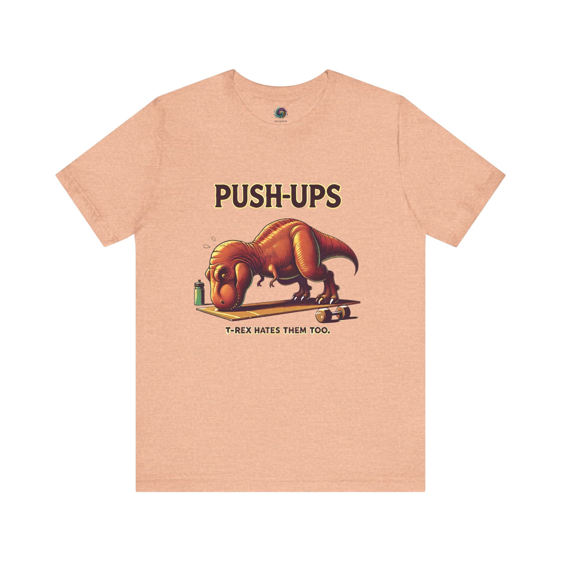 T-Rex Push-Up T-Shirt – Funny Dinosaur Workout Graphic Tee in heather peach, showcasing a goofy t rex push up design great for fitness motivation.