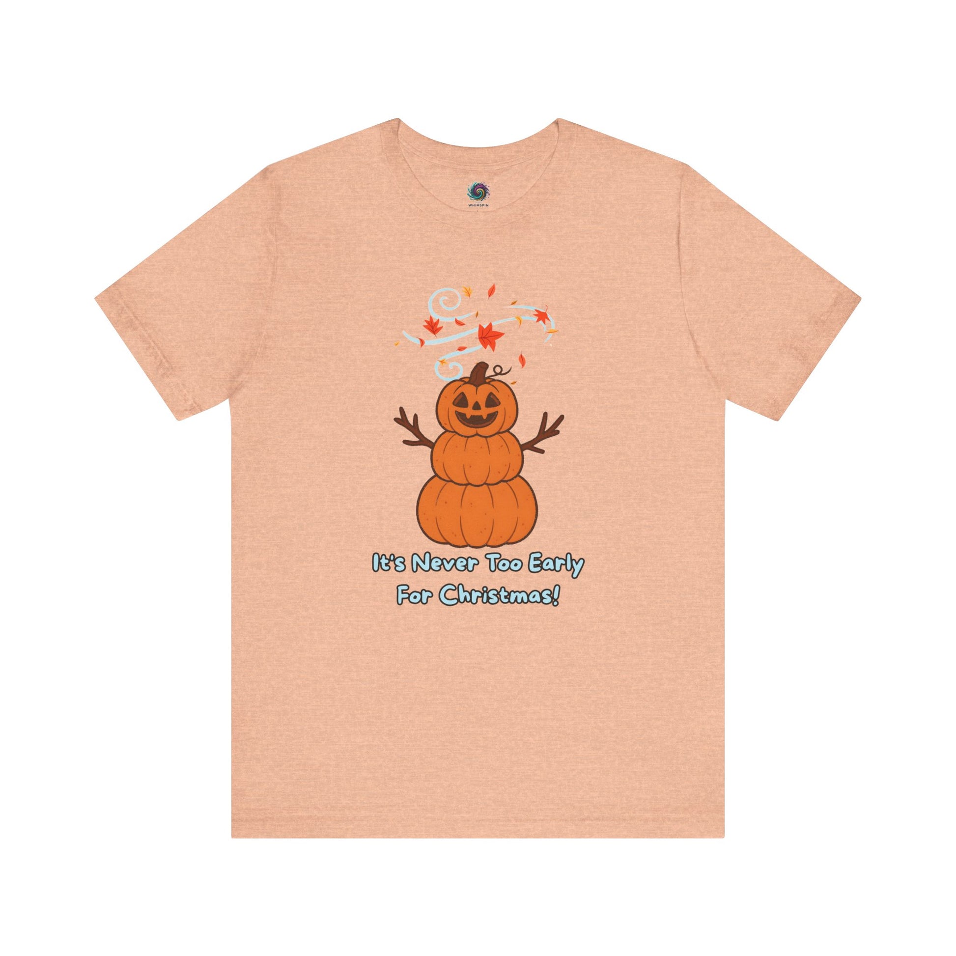 Pumpkin Snowman T-Shirt – It’s Never Too Early for Christmas in heather peach, cheerful seasonal mashup with pumpkin snowman.