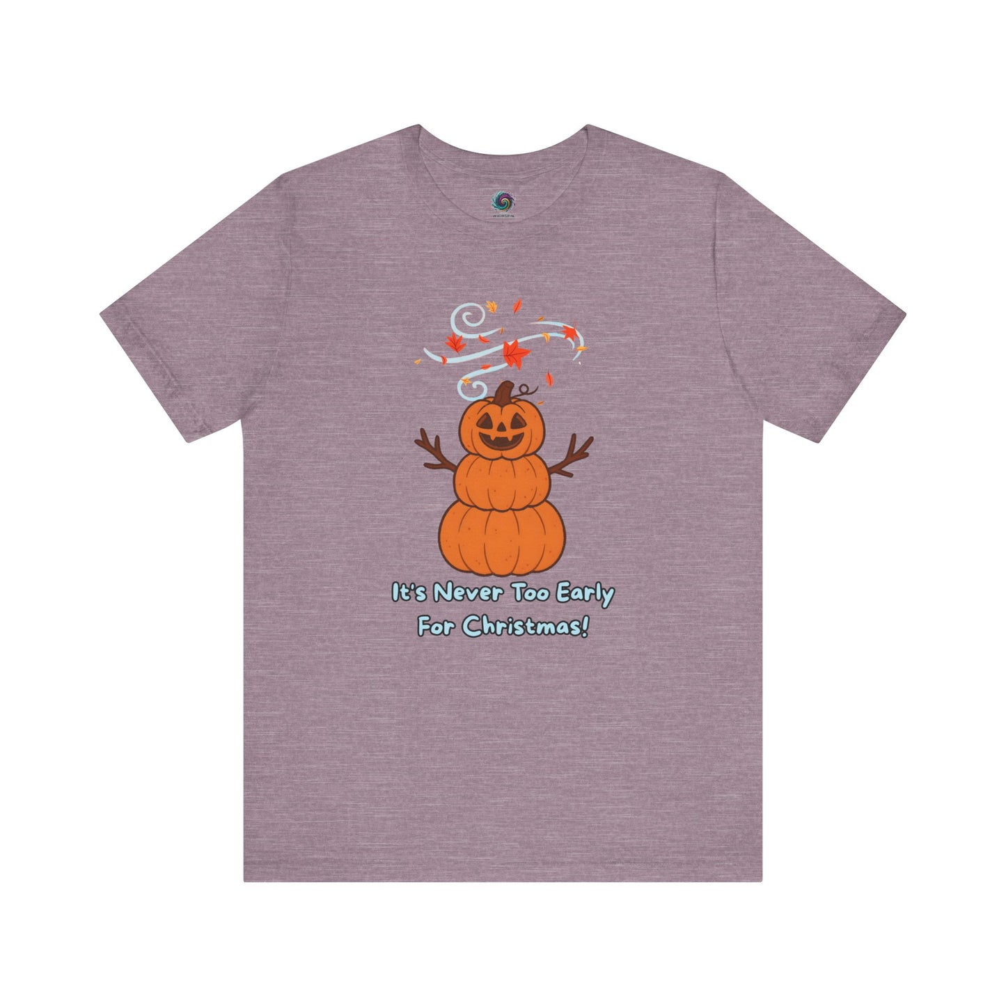 Pumpkin Snowman T-Shirt – It’s Never Too Early for Christmas in heather purple, funny Halloween snowman shirt with festive pumpkin design.
