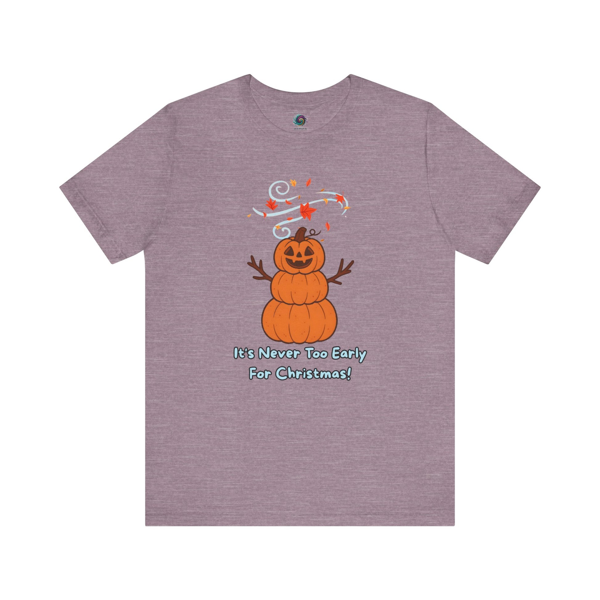 Pumpkin Snowman T-Shirt – It’s Never Too Early for Christmas in heather purple, funny Halloween snowman shirt with festive pumpkin design.