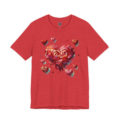 Lay-flat of Heather Red Impressionistic Heart T-Shirt – Artistic Valentine's Day Tee