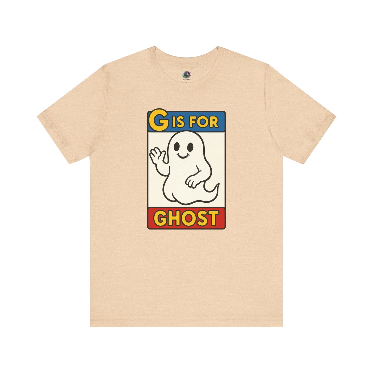 G is for Ghost T-Shirt – Funny Monster Alphabet Halloween Tee in heather sand dune, ghost alphabet shirt with whimsical ghost design.