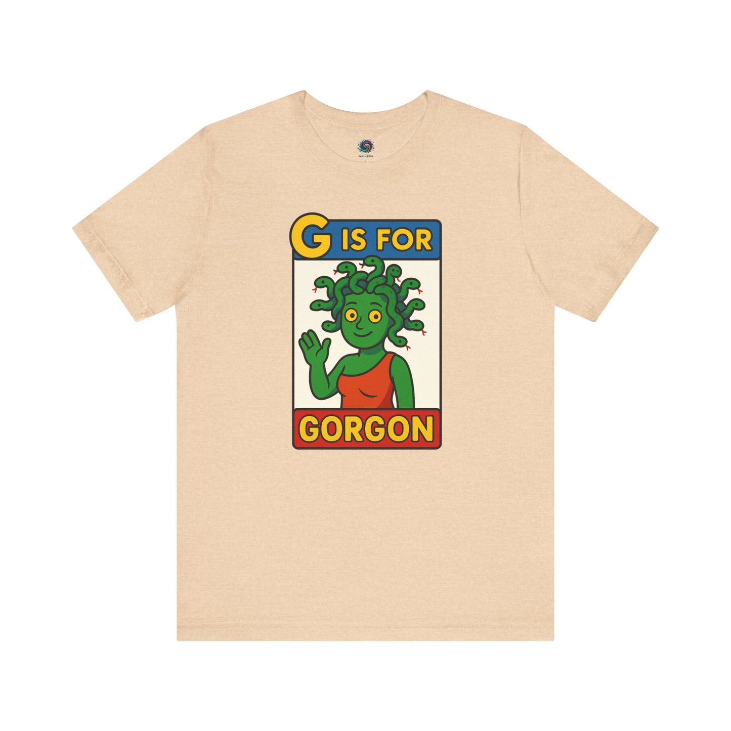 Heather sand dune G is for Gorgon tshirt, halloween gorgon shirt with illustrated gorgon head.