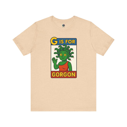 Heather sand dune G is for Gorgon tshirt, halloween gorgon shirt with illustrated gorgon head.
