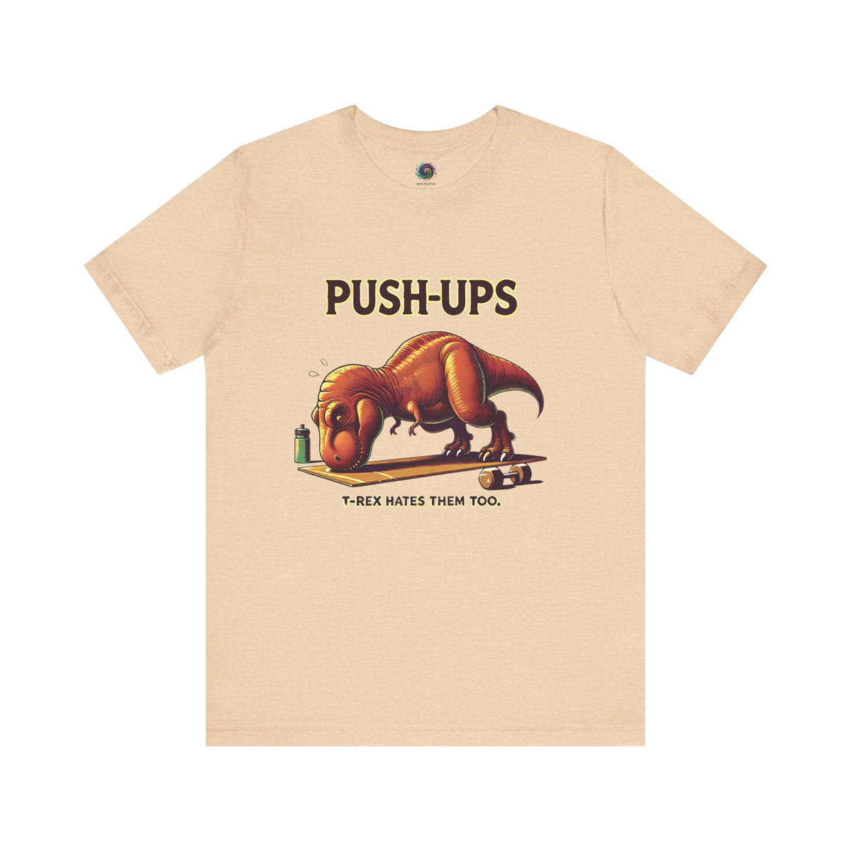 T-Rex Push-Up T-Shirt – Funny Dinosaur Workout Graphic Tee in heather sand dune, showcasing a goofy t rex push up design great for fitness motivation with workourt t rex.