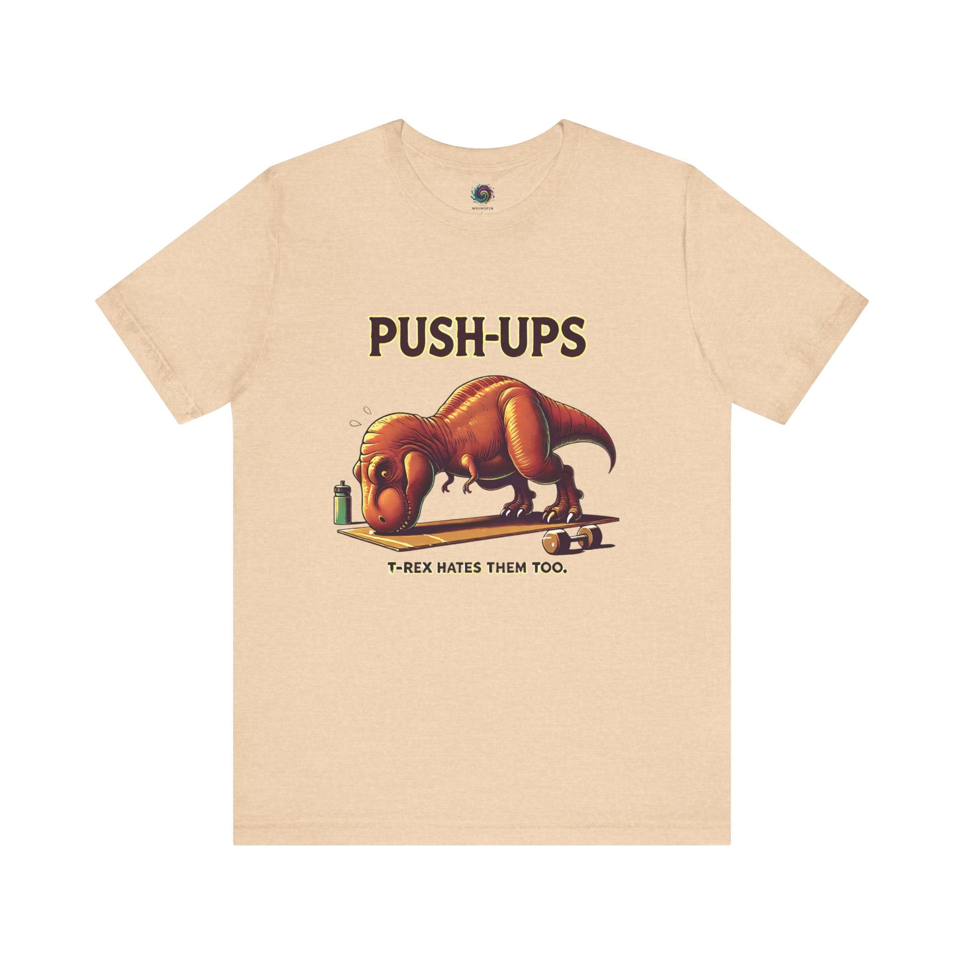 T-Rex Push-Up T-Shirt – Funny Dinosaur Workout Graphic Tee in heather sand dune, showcasing a goofy t rex push up design great for fitness motivation with workourt t rex.